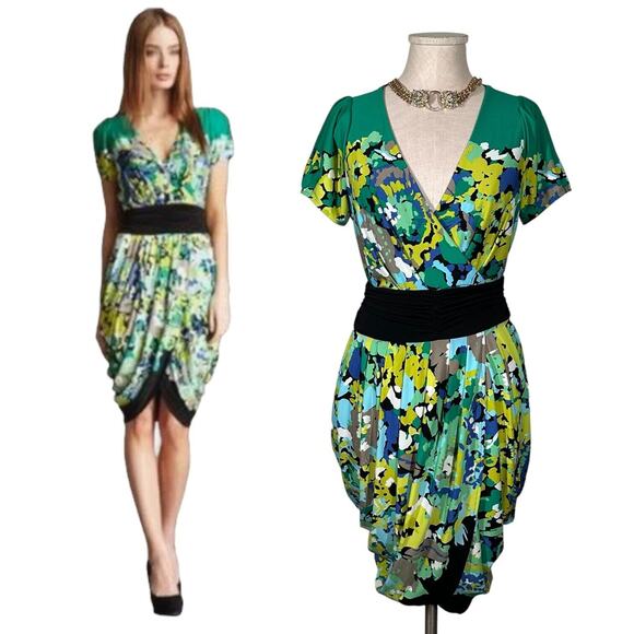 BCBGMAXAZRIA Emerald Tulip Dress Tie Waist Sheath Cocktail Green Chic Sexy Small - Picture 1 of 11